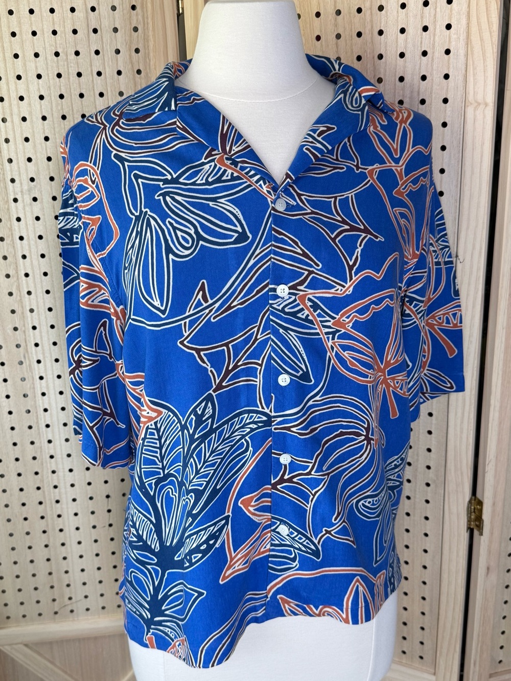 Zara Tropical Print Camp Collar Button Front Shirt‎ Blouse Blue Orange Women's S - Picture 4 of 10